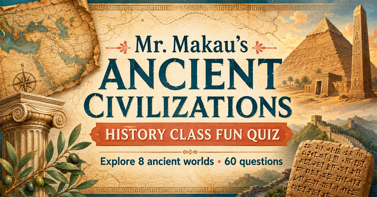 An illustrated ancient-world map with a pyramid, Greek column, Great Wall, olive branch, and cuneiform tablet.